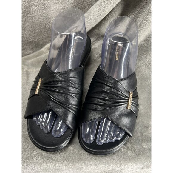 Cole Haan Women’s 8 Aubree Ruched Platform Sandals W17379 Black Leather Slip On - Picture 1 of 14